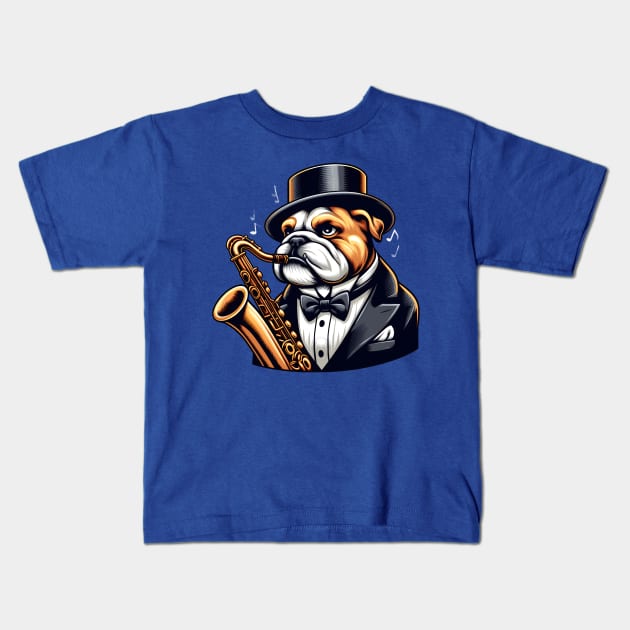 Bulldog Playing Saxophone Kids T-Shirt by Graceful Designs